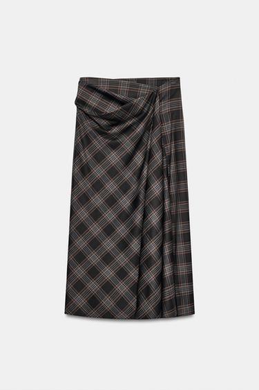 ZW COLLECTION DRAPED CHECK SKIRT - Khaki by Zara - Image 0
