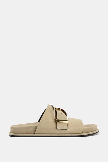 Zara FLAT BUCKLE SUEDE SANDALS - Sandy Brown - Image 0