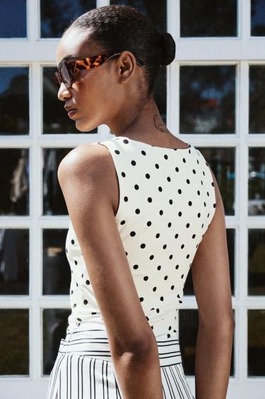 Zara WIDE STRAP POLYAMIDE TOP - Ecru / Black