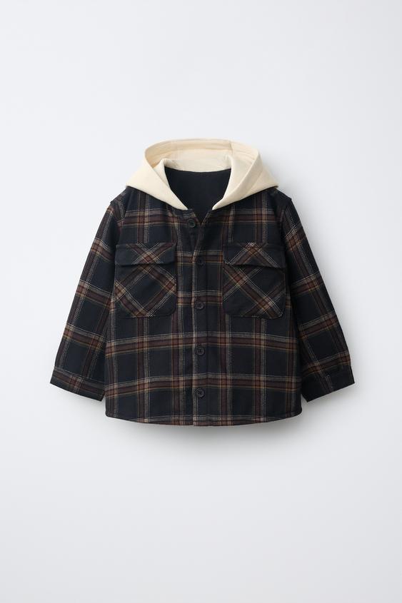 FLEECE HOODIE CHECKS OVERSHIRT - Blue by Zara - Image 0