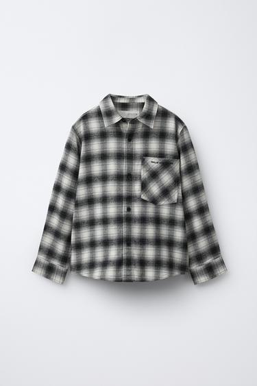 KEMEJA KOTAK-KOTAK TEKS BORDIR - Hitam dari Zara
