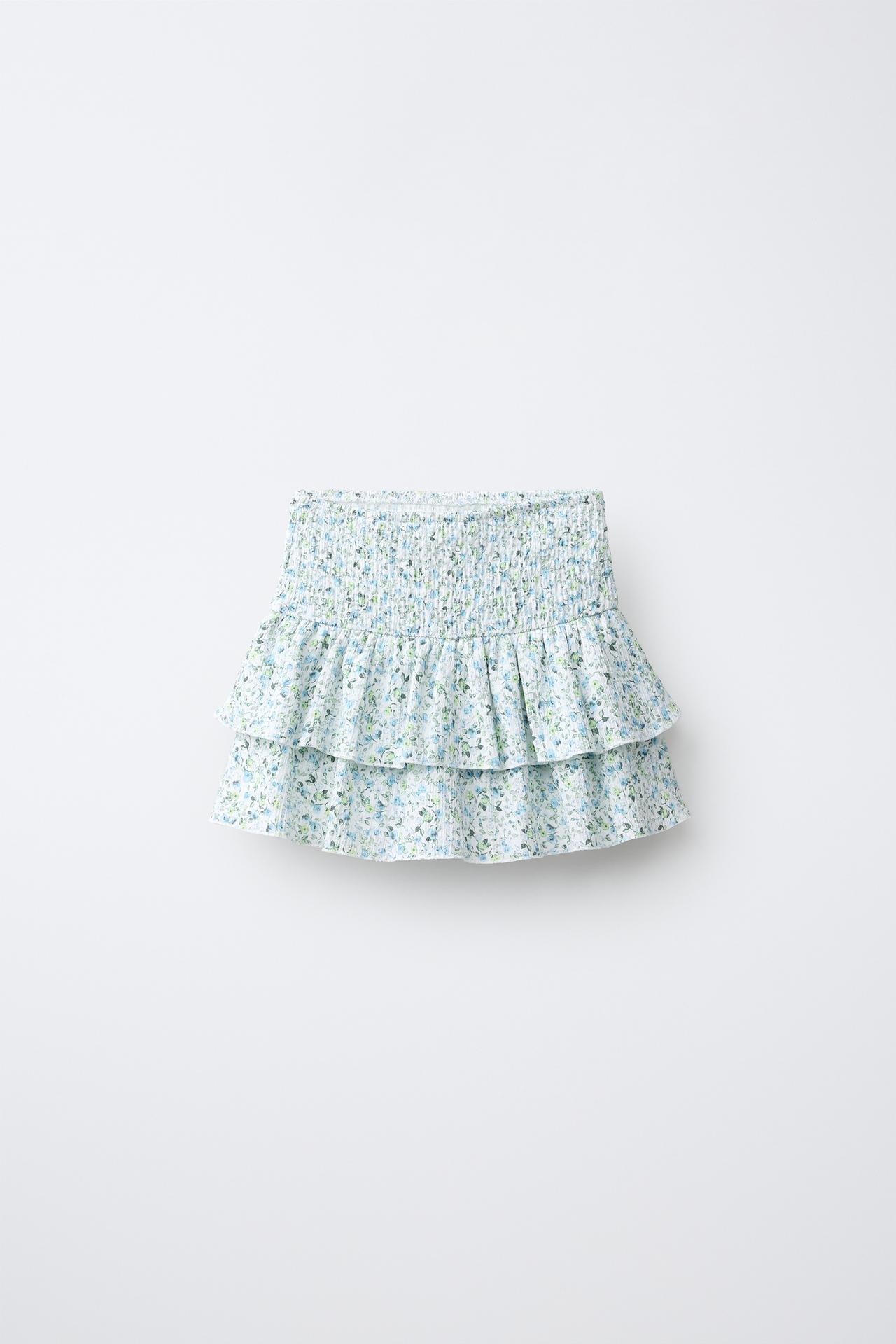 FLORAL RUFFLE SKIRT — Light blue