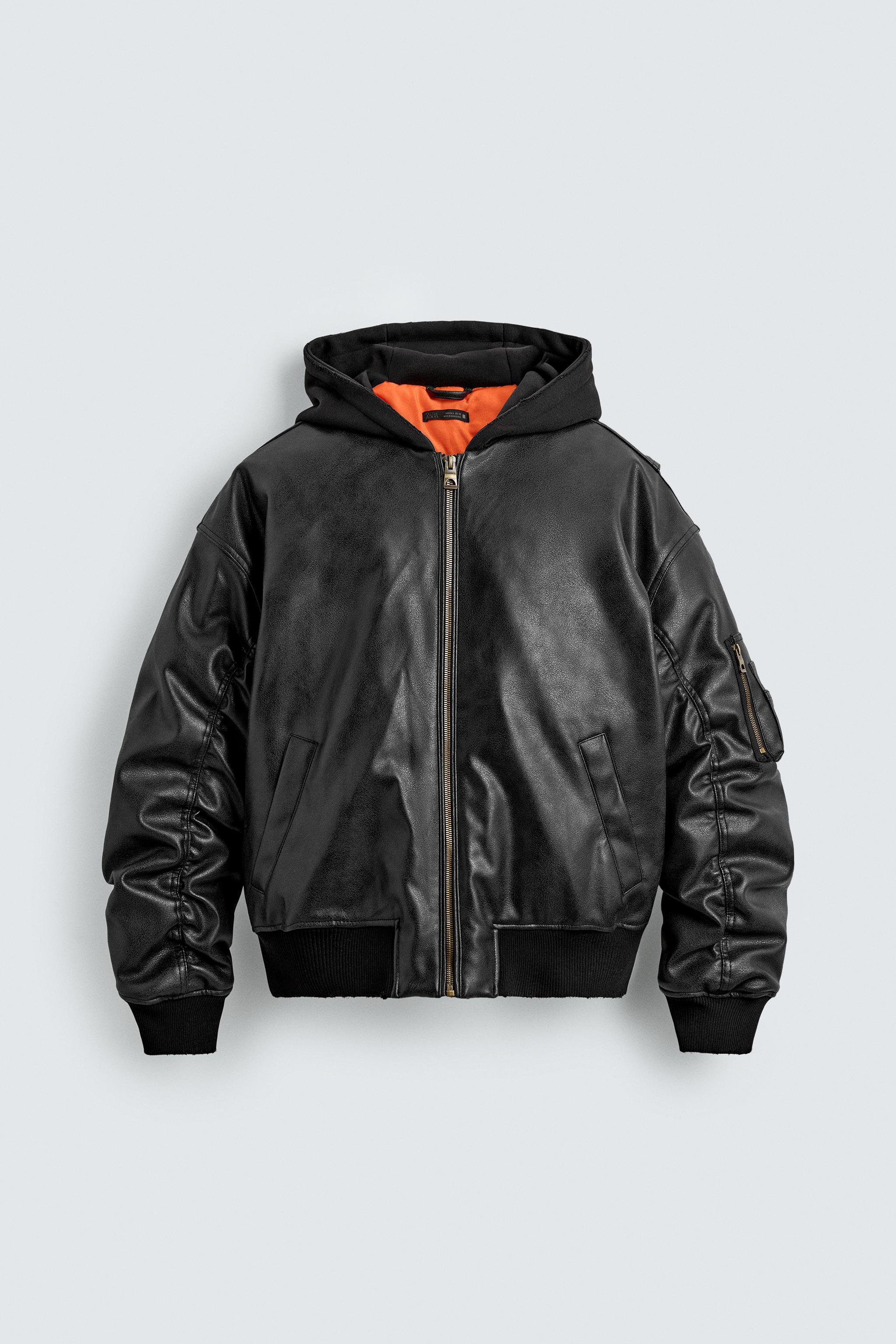 COMBINATION HOODIE FAUX LEATHER JACKET - Black | ZARA United States