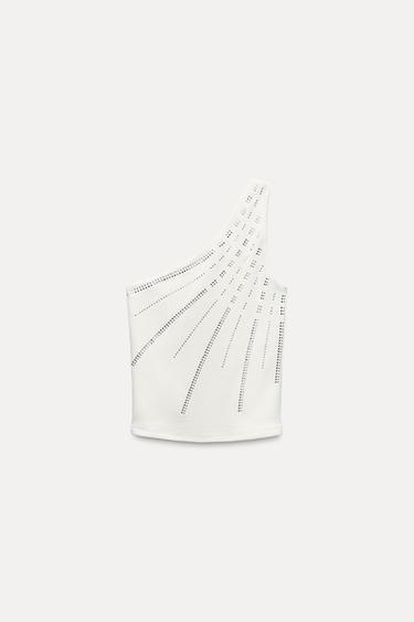 ASYMMETRIC RIBBED TOP WITH RHINESTONES - White by Zara
