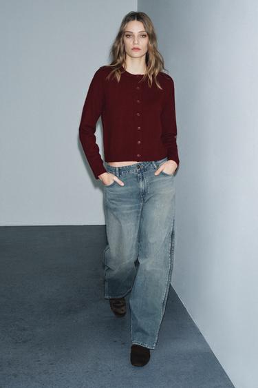 100% WOOL PLAIN KNIT CARDIGAN - Burgundy by Zara