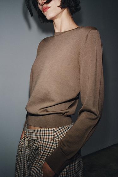 كنزة 100% صوف تريكو عادي - بني فاتح الخاص بـ Zara