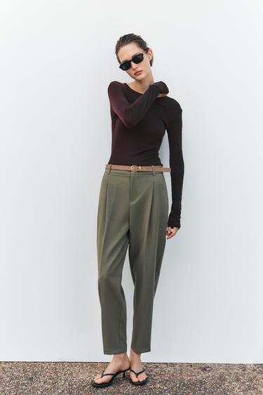 Zara PLEATED BELTED PANTS - Light khaki - Image 0