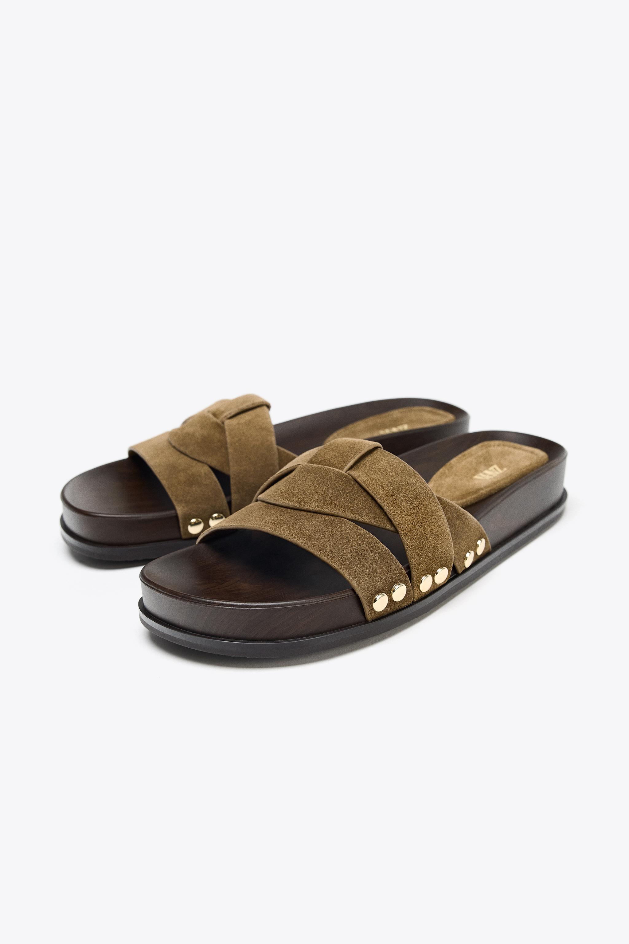 LEATHER PLATFORM SLIDES - Khaki Green | ZARA United States