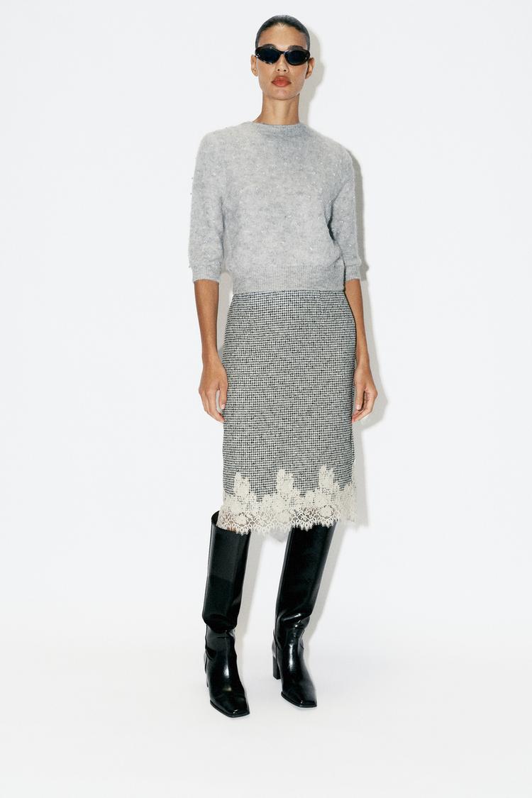 BRUSHED EFFECT BEADED KNIT SWEATER — Gray marl