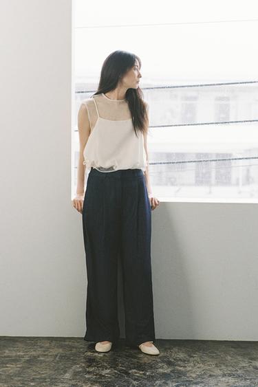 오간자 배색 벌룬 탑 - Zara 크림