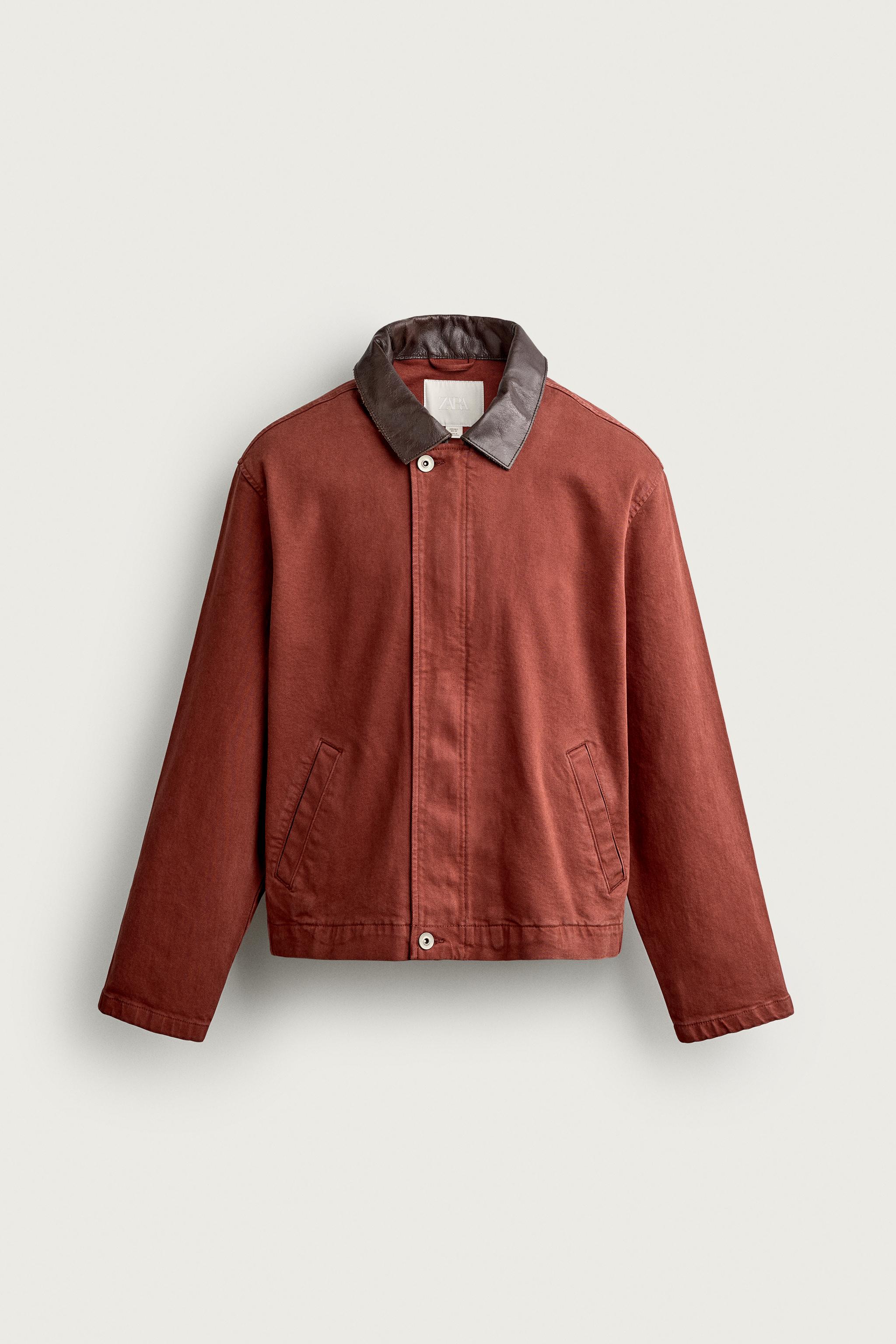 CROPPED FIT JACKET WITH CONTRAST COLLAR — Dark red