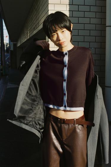 コントラストニットカーディガンブラウンZaraのコントラストニットカーディガン - ブラウン 