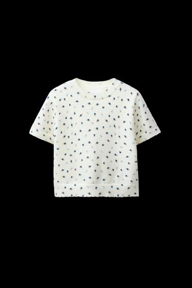 Zara FLORAL KNIT T-SHIRT - Ecru / Blue - Image 0