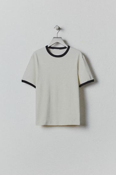 Zara BASIC CONTRAST RIB T-SHIRT - Oyster-white