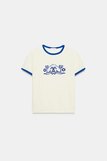 Zara EMBROIDERED SHORT SLEEVE T-SHIRT - White