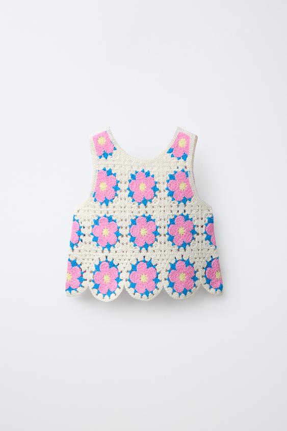 TOP DE TRICÔ DE CROCHÊ COM FLORES - Rosa da Zara - Imagem 0