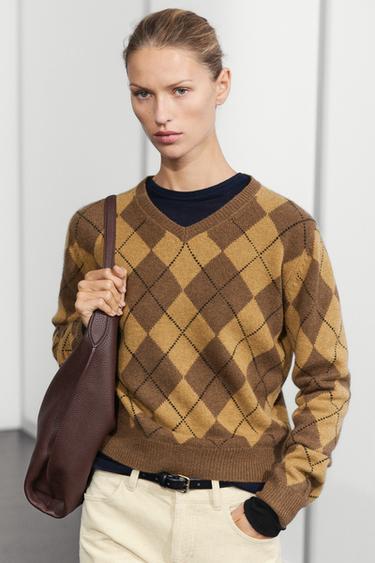 100% wool argyle knit sweater — Light brown 2