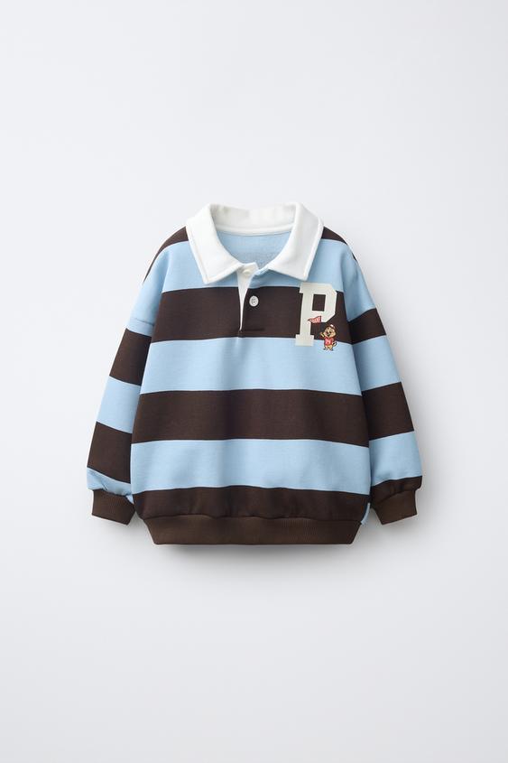 STRIPED VARSITY POLO SWEATSHIRT - Brown-Blue by Zara - Image 0