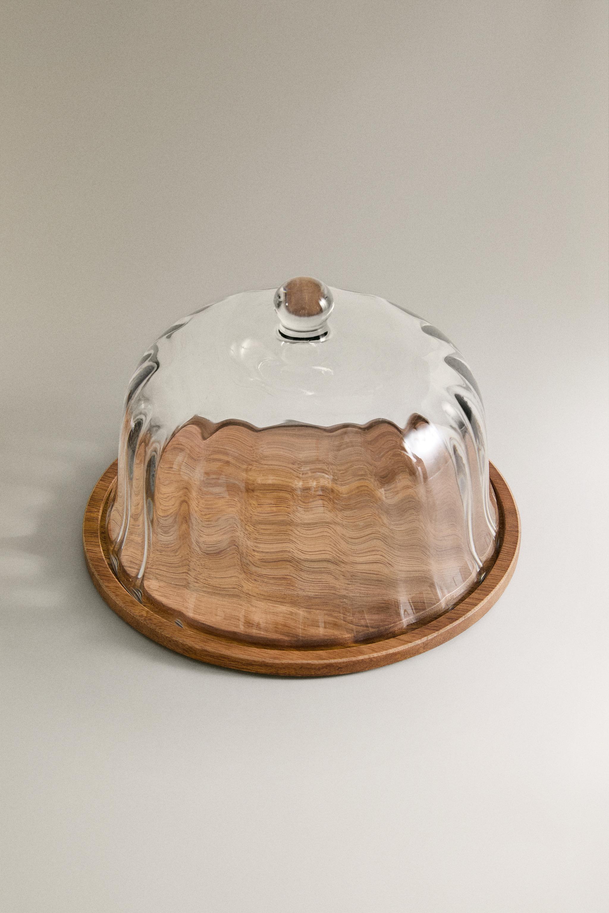 WOODEN CAKE STAND WITH GLASS DOME