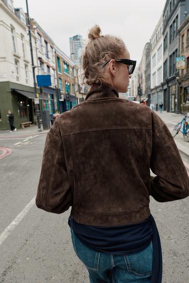 SUEDE LEATHER BOMBER JACKET WITH POCKETS - Brown marl by Zara - Image 3