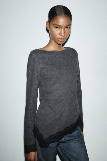 توب بمظهر ناعم ودانتيل - رمادي أنثراسايت الخاص بـ Zara