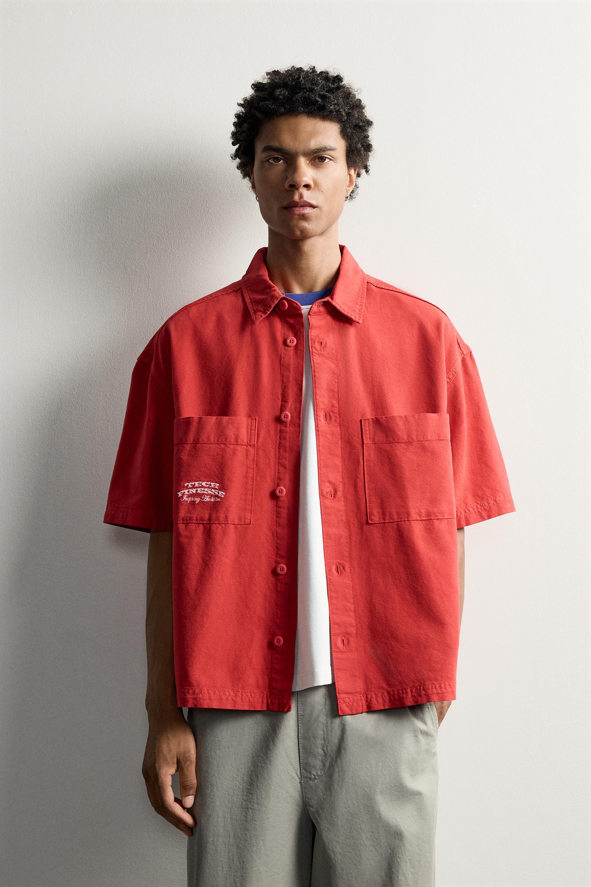 CONTRAST TEXT RELAXED FIT SHIRT — Red