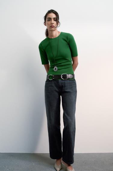Zara RUCHED INTERLOCK T-SHIRT - Green