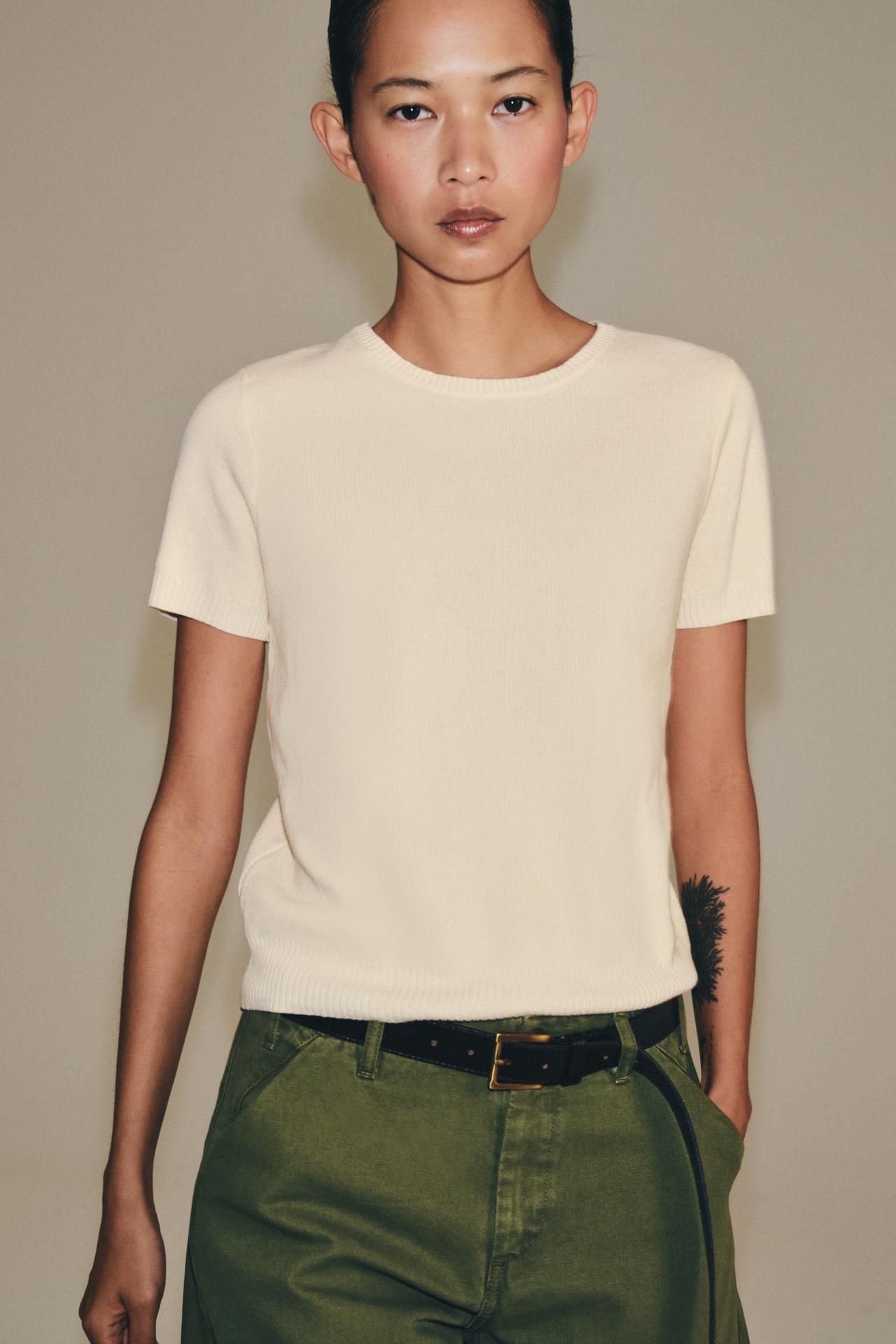 SHORT-SLEEVE KNIT TOP — Ecru