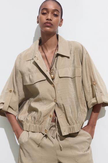 Zara SHORT SLEEVE SAFARI SHIRT - Stone