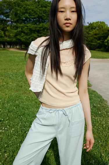 LACE POT NECK TOP - Beige-pink by Zara