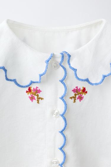 4-10 שנים/ פיג'מת פרחים רקומים מכותנה ופשתן - נוד / אפור־צהבהב של Zara