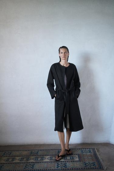 MANTEAU CEINTURE 100% LIN ZW COLLECTION - Noir de Zara