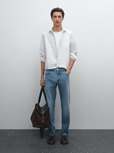 Zara 100% cotton regular fit striped shirt - Navy blue - Image 0