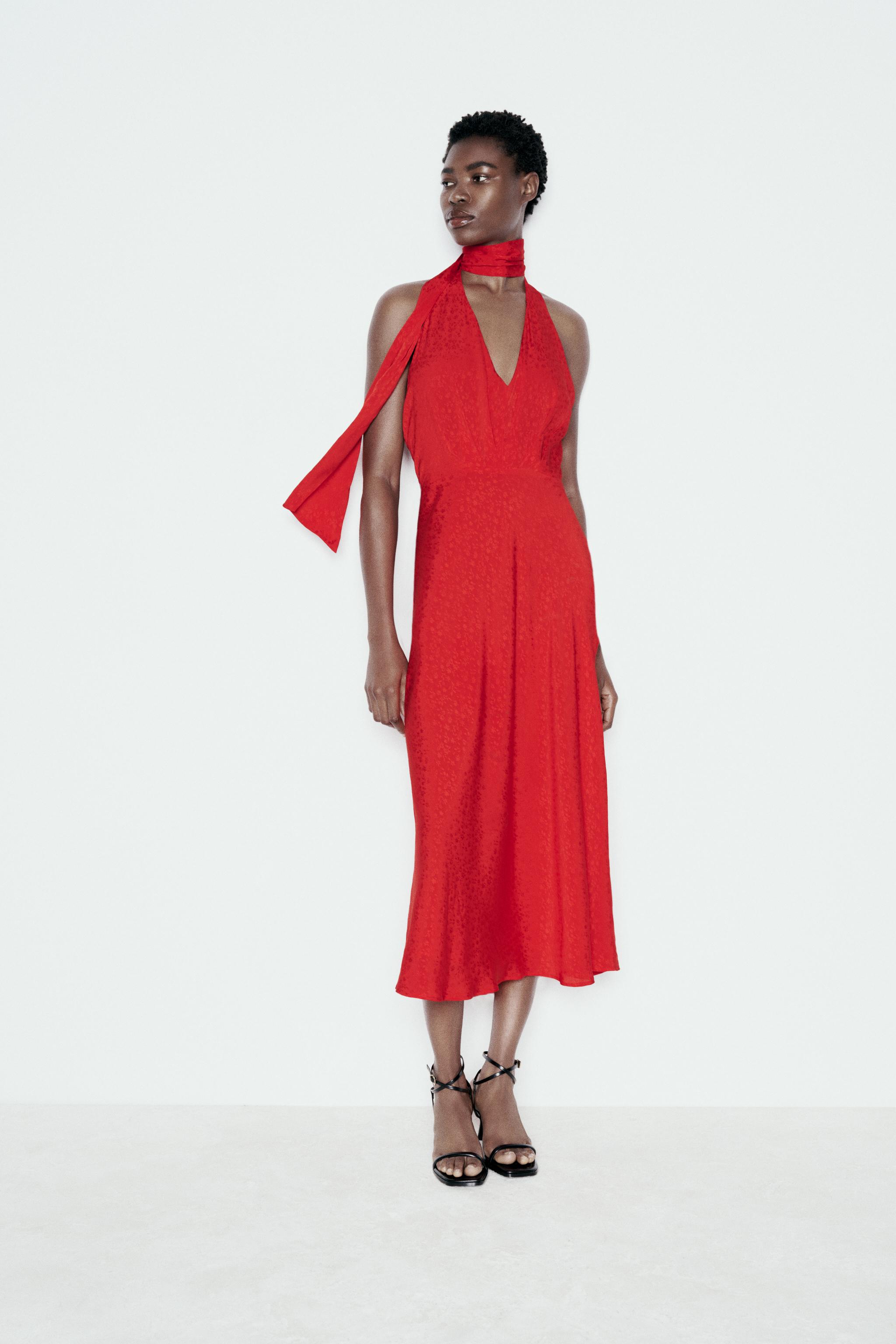 ROBE MI LONGUE SATINEE EN JACQUARD Rouge ZARA France