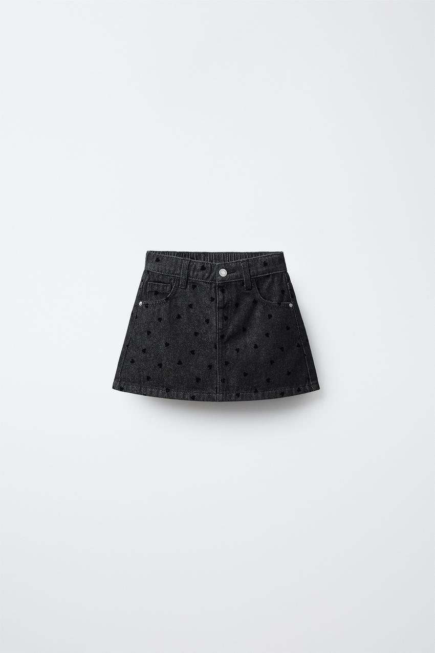 FLOCKED HEART DENIM SKIRT