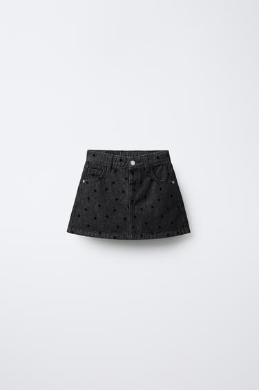 Zara FLOCKED HEART DENIM SKIRT - Black