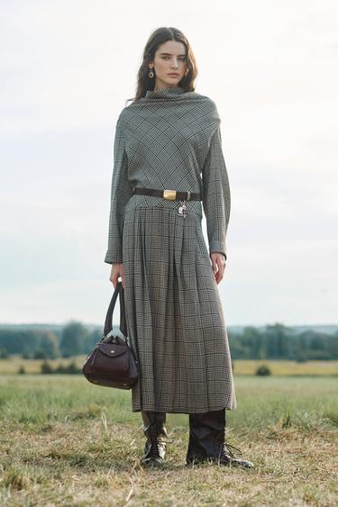 Zara PLAID PLEATED DRESS LIMITED EDITION - Sand / Black