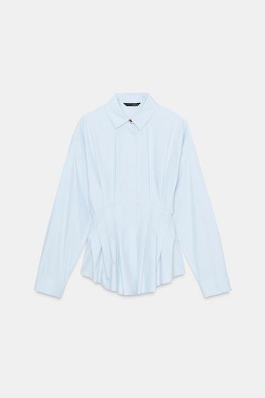 Zara PLEATED POPLIN SHIRT - Light blue