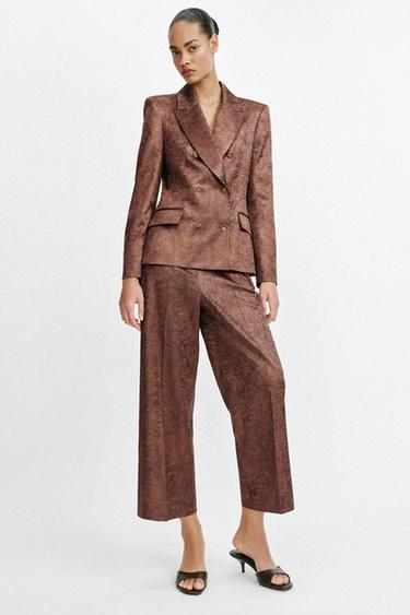 Zara WRINKLED SATIN BLAZER AND PANTS SUIT - Light gray