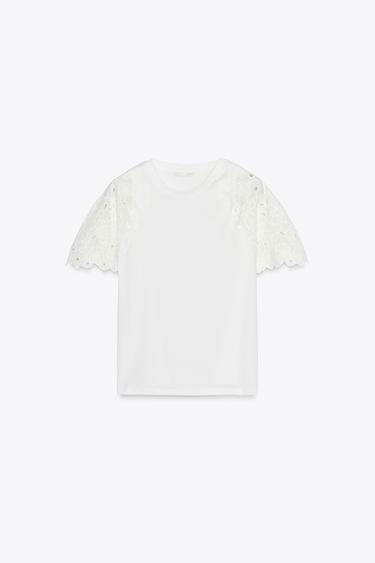 T-SHIRT MANCHES BRODÉES - Blanc de Zara - Image 4