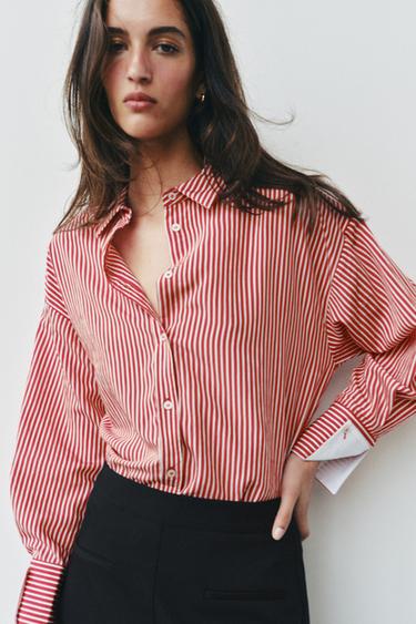 STRIPED SHIRT WITH CONTRAST CUFFS - Red / White by Zara