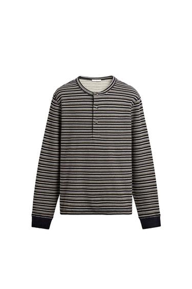 STRIPED HENLEY NECK T-SHIRT - Dark brown by Zara