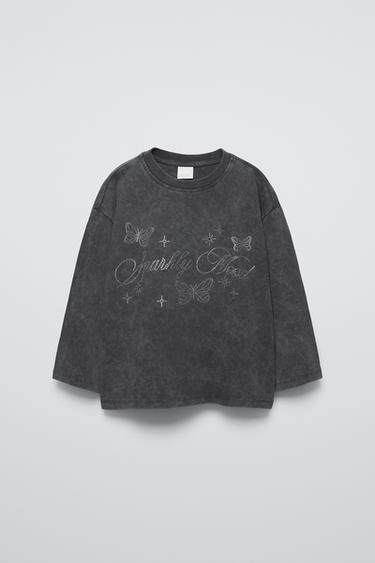 FADED-EFFECT T-SHIRT WITH RHINESTONES - Anthracite grey by Zara - Image 2
