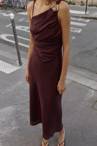 ROBE MI-LONGUE ASYMÉTRIQUE 100% LIN - Aubergine de Zara - Image 3