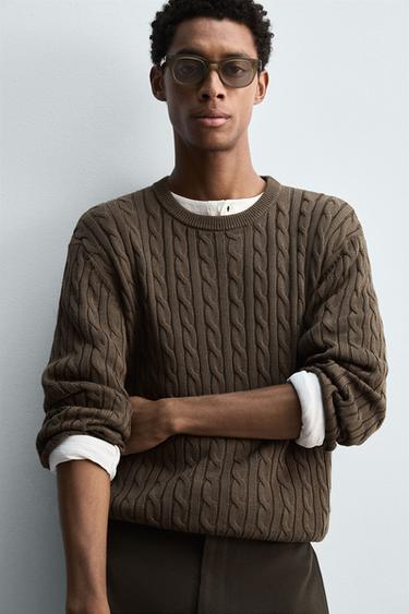 Zara CABLE KNIT TEXTURED SWEATER - Chocolate