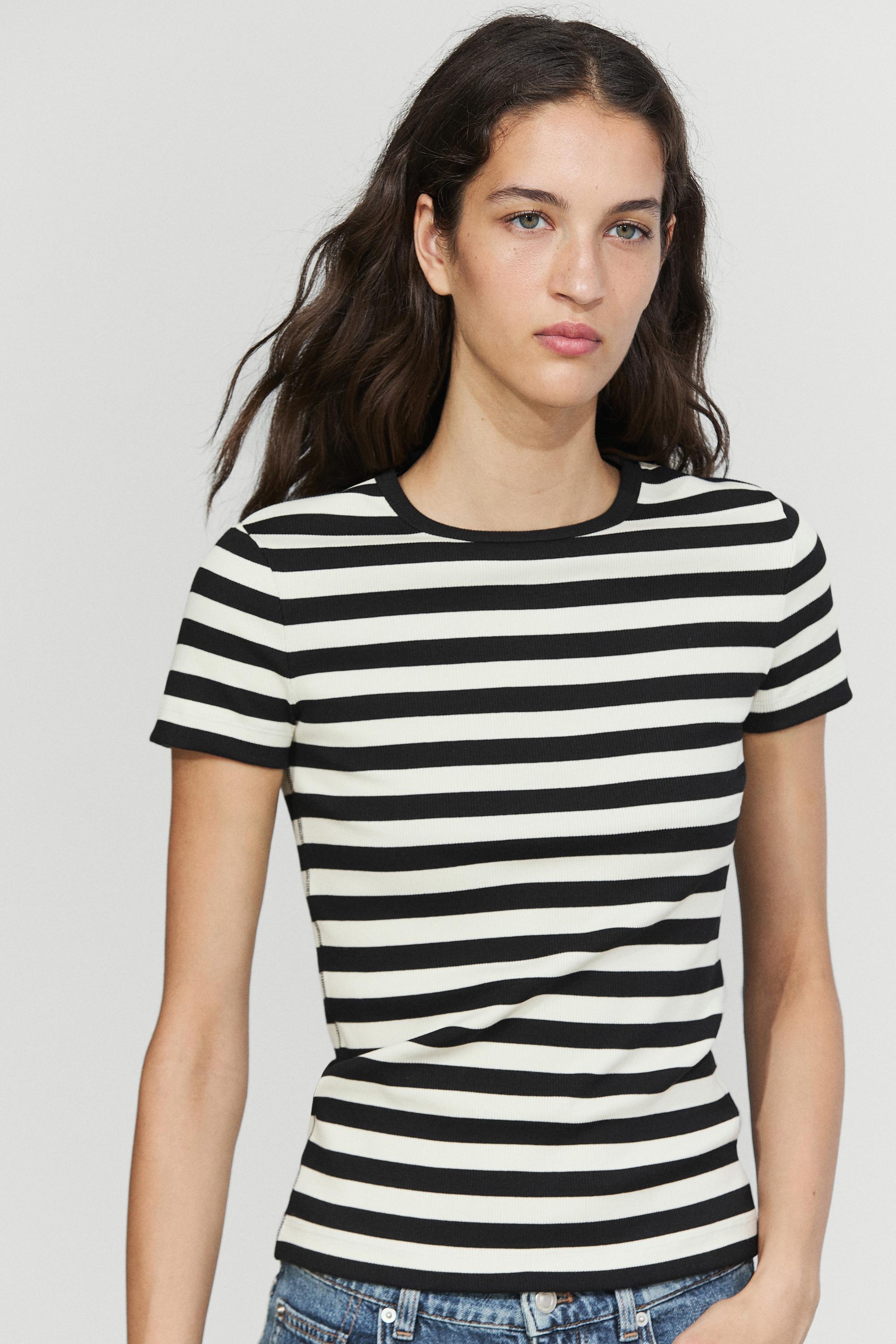 Short sleeve striped cotton blend T-shirt