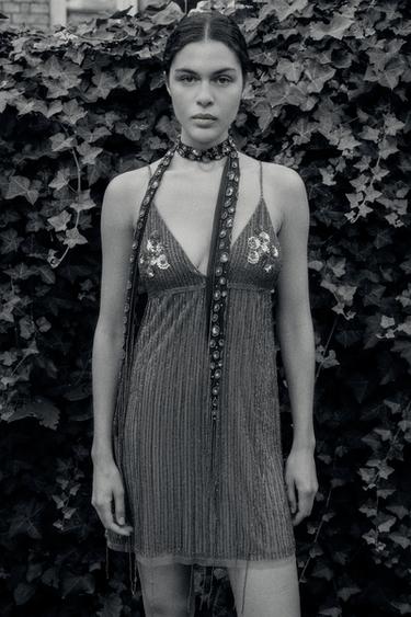 Zara SHORT FRINGED BEADED DRESS - Silver - Image 0