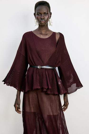 RIB KNIT CARDIGAN WITH BELT - Burgundy by Zara - Image 1