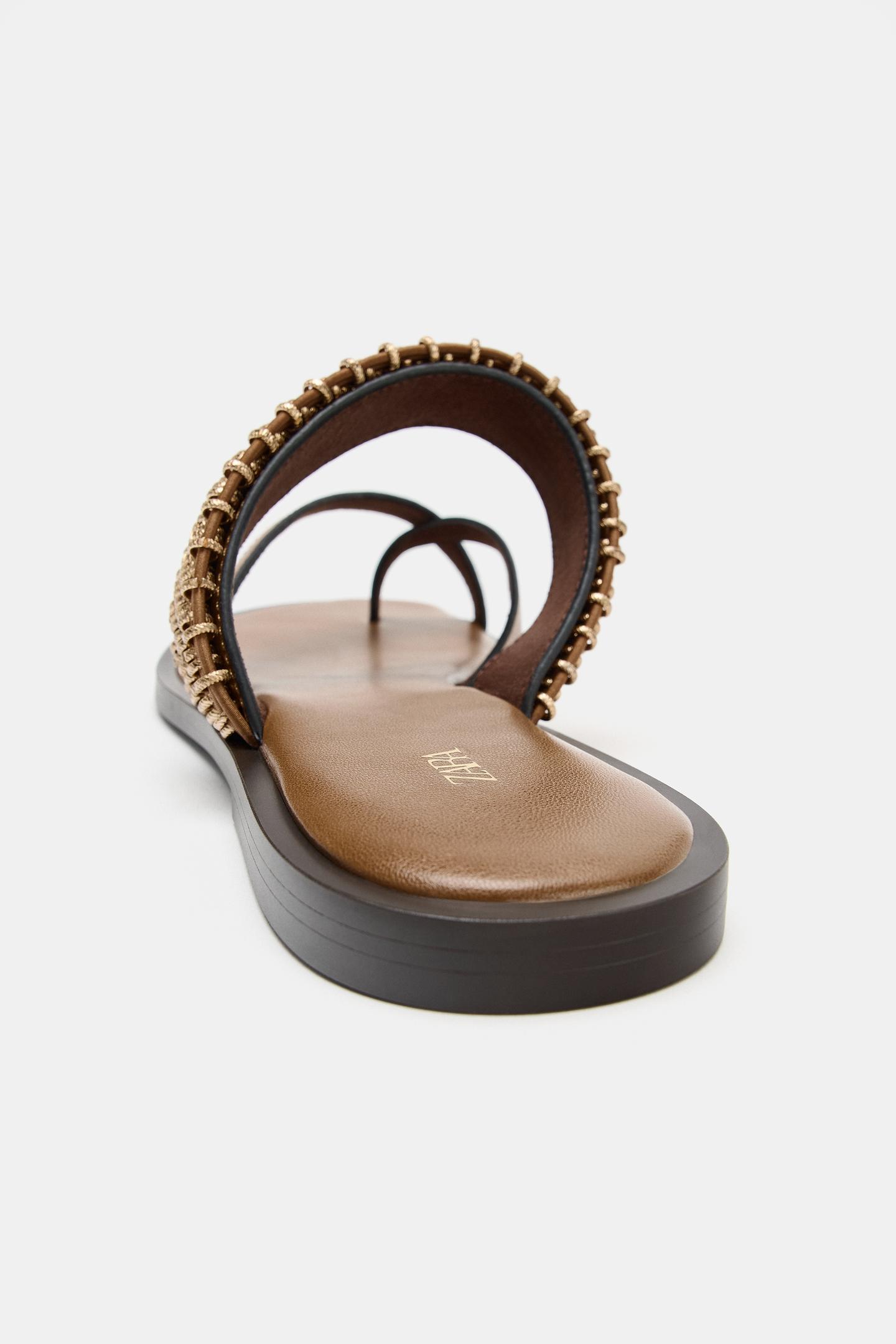Женские сандалии Zara Flat Sandals with Metallic Details, цвет: Коричневый — фото 5