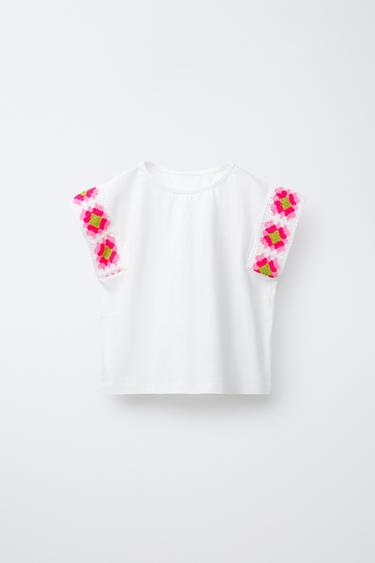 Zara CROCHET SLEEVE T-SHIRT - Oyster-white